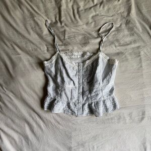 American Eagle Outfitters White & Light Gray Striped Lace-Trim Cami
